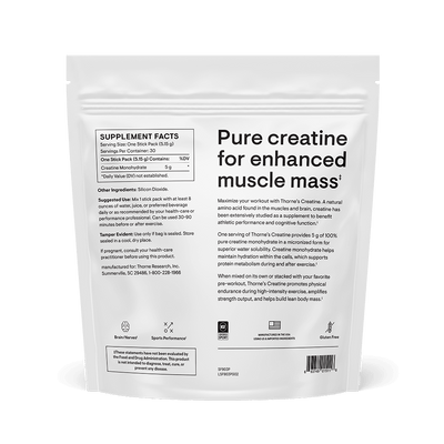 Back of Thorne Creatine Travel Packs 30-count pouch showing supplement facts, usage directions, and product benefit text.