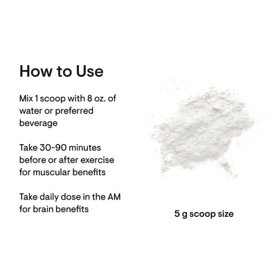 Thorne Creatine 180 Servings usage directions with white creatine powder and text noting 5 g scoop size