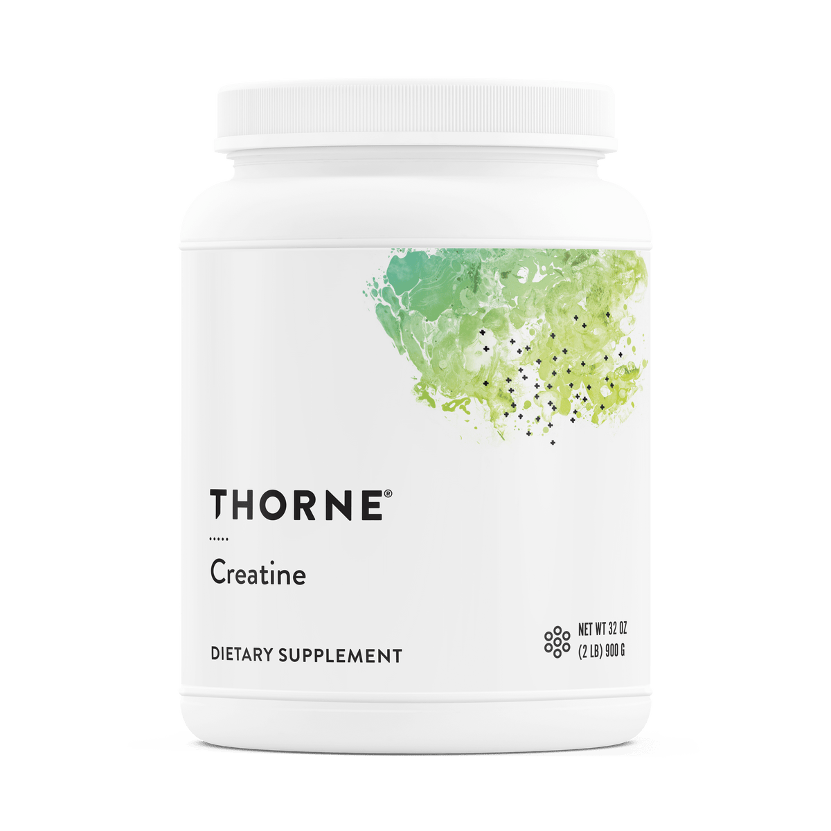 Thorne Creatine 180 Servings white canister front label with green abstract design and black text