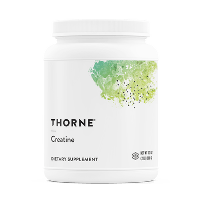 Thorne Creatine 180 Servings white canister front label with green abstract design and black text
