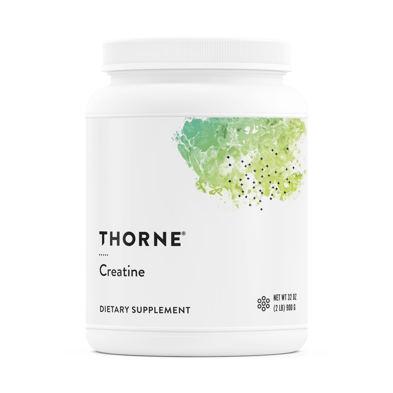 Thorne Creatine 180 Servings white canister front label with green abstract design and black text
