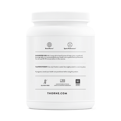 Thorne Creatine 180 Servings bottle back showing usage directions, benefits icons, NSF Certified Sport and gluten-free badges.