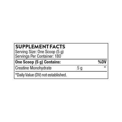 Thorne Creatine 180 Servings supplement facts panel showing 5 g creatine monohydrate per scoop on white background