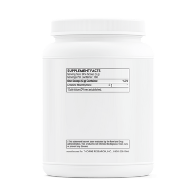 Thorne Creatine 180 Servings white tub, back label showing supplement facts panel and product information.