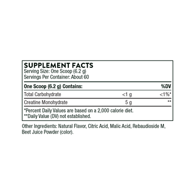 Thorne Creatine Strawberry Flavored supplement facts label showing 6.2 g scoop with 5 g creatine and other ingredients