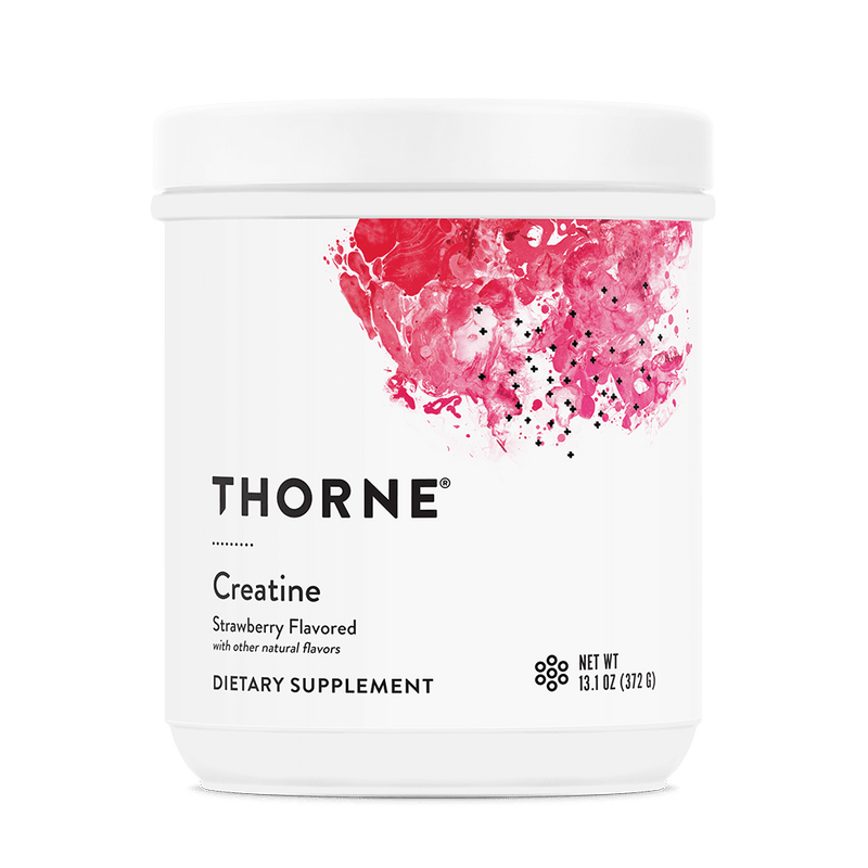 Thorne Creatine Strawberry Flavored 60 servings tub, white container with pink abstract artwork on the front label