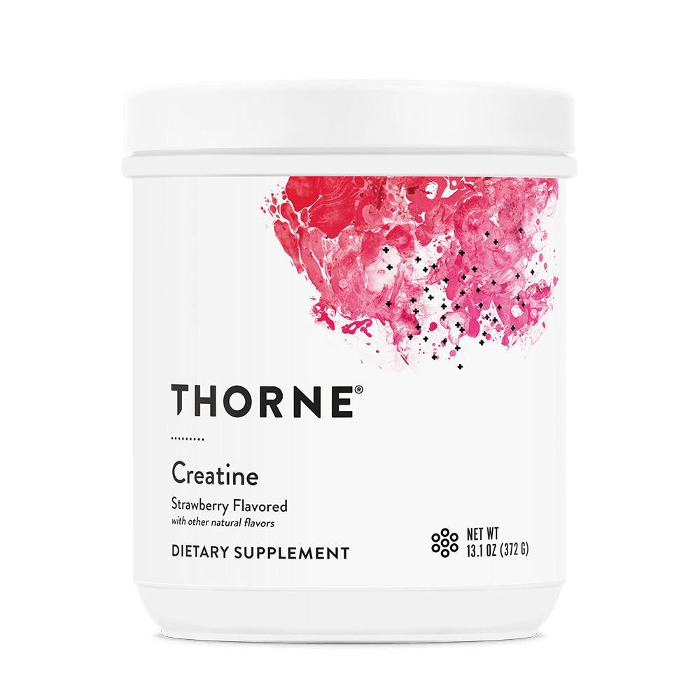 Thorne Creatine Strawberry Flavored 60 servings tub, white container with pink abstract artwork on the front label
