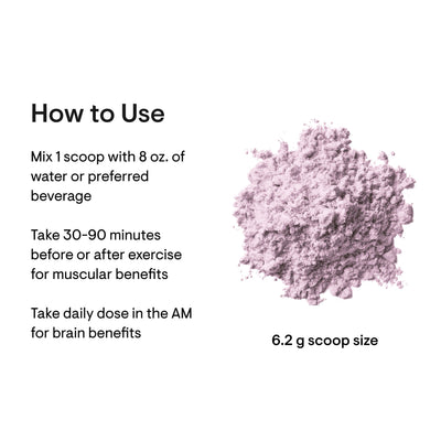 Thorne Creatine Strawberry Flavored pink powder with 6.2 g scoop size and usage instructions on a white background
