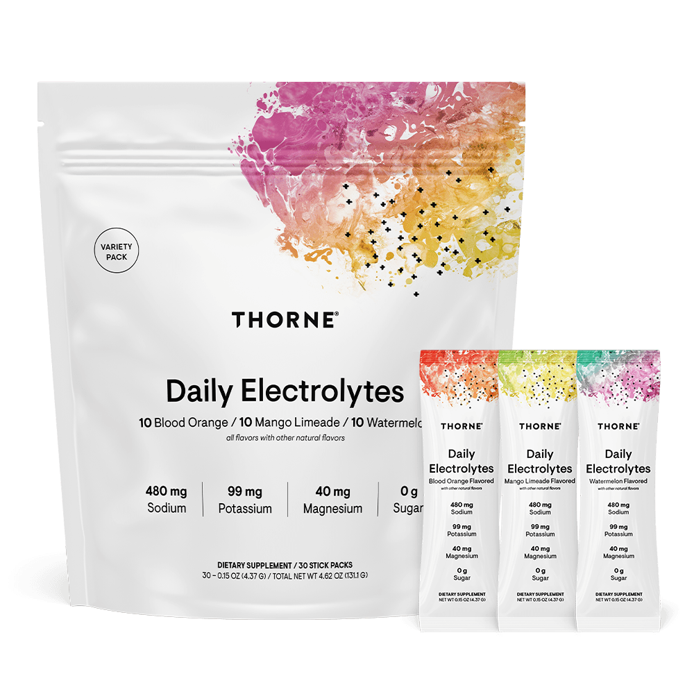 Thorne Daily Electrolytes Variety Pack 30 stick packets with colorful fruit artwork on white front pouch and three flavor sticks