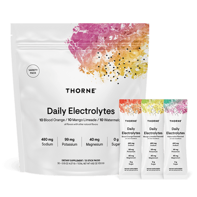 Thorne Daily Electrolytes Variety Pack 30 stick packets with colorful fruit artwork on white front pouch and three flavor sticks