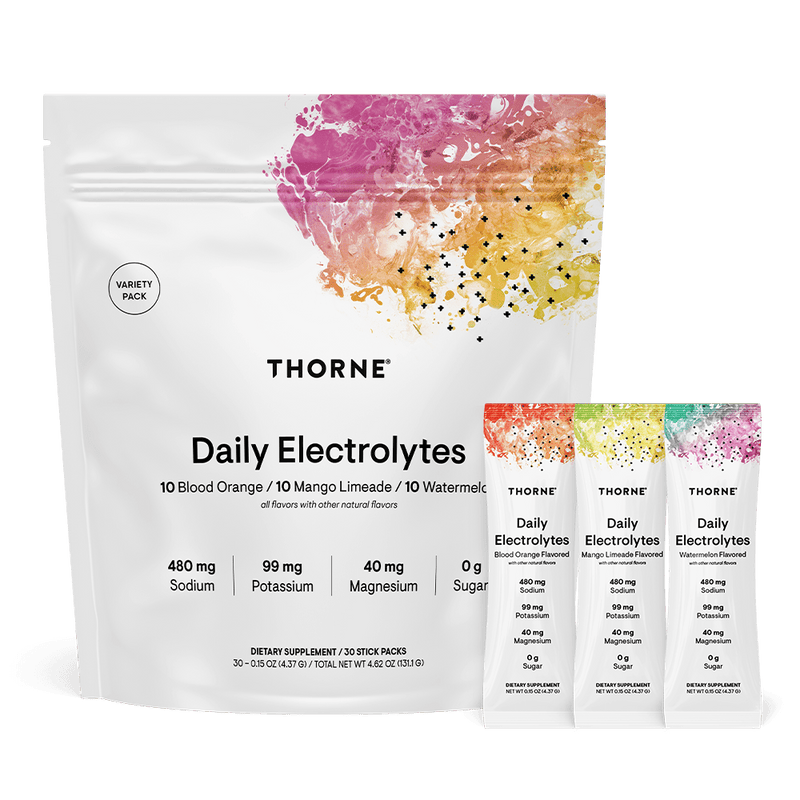 Thorne Daily Electrolytes Variety Pack 30 stick packets with colorful fruit artwork on white front pouch and three flavor sticks