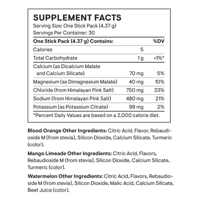 Thorne Daily Electrolytes Variety Pack 30 packets supplement facts and other ingredient lists for all three flavors