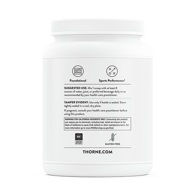 Thorne Whey Protein Isolate Chocolate 30 scoops tub back label showing usage directions, warnings, and gluten-free icon