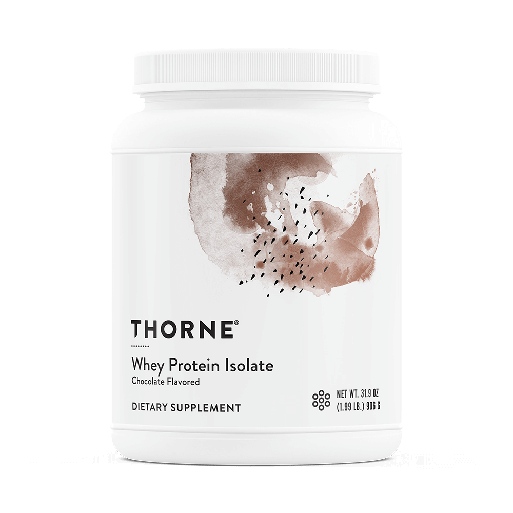 Thorne Whey Protein Isolate Chocolate, 30-scoop white tub with brown abstract design on the front label