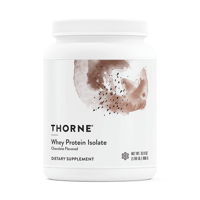 Thorne Whey Protein Isolate Chocolate, 30-scoop white tub with brown abstract design on the front label