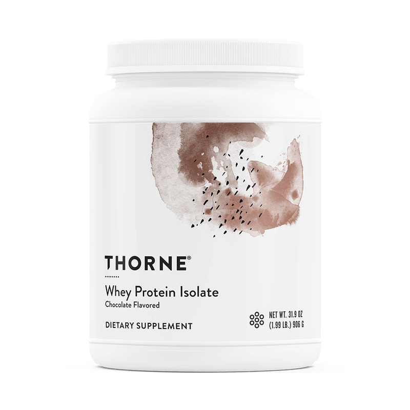 Thorne Whey Protein Isolate Chocolate, 30-scoop white tub with brown abstract design on the front label