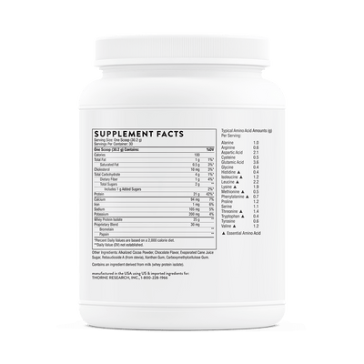 Thorne Whey Protein Isolate Chocolate 30 scoops, back bottle view showing supplement facts and amino acid profile label