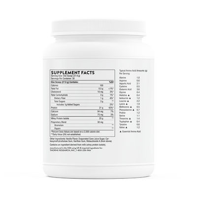 Thorne Whey Protein Isolate Vanilla 30 scoops white tub, back label showing supplement facts and ingredients text