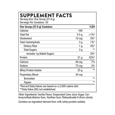 Thorne Whey Protein Isolate Vanilla 30 scoops supplement facts label showing nutrition and ingredient details