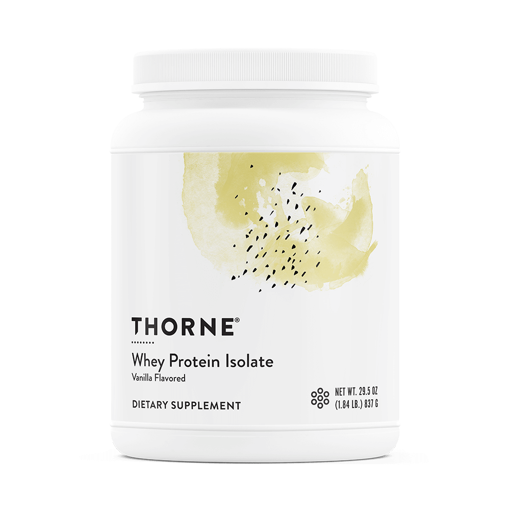Thorne Whey Protein Isolate Vanilla 30-scoop white tub with abstract yellow design on the front label