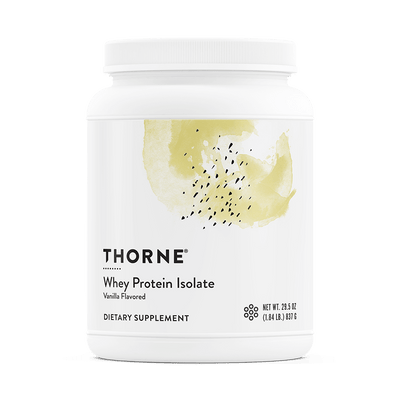 Thorne Whey Protein Isolate Vanilla 30-scoop white tub with abstract yellow design on the front label
