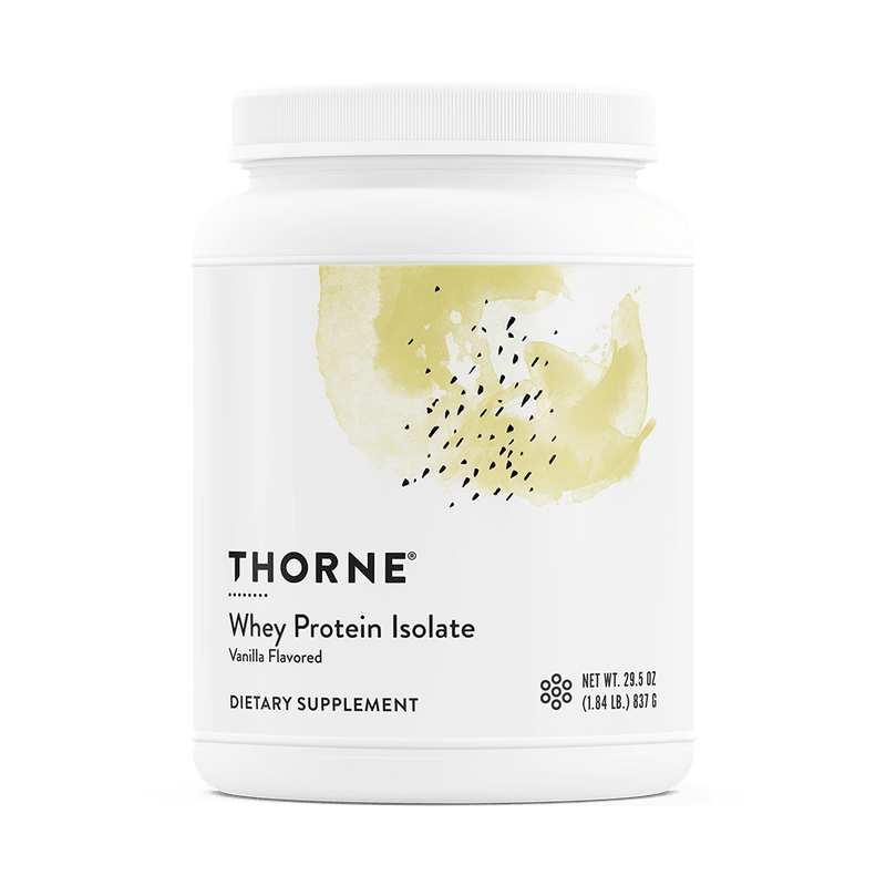 Thorne Whey Protein Isolate Vanilla 30-scoop white tub with abstract yellow design on the front label