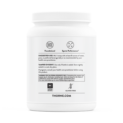 Thorne Whey Protein Isolate Vanilla 30-scoop tub back label with usage directions, warnings, NSF and gluten-free icons