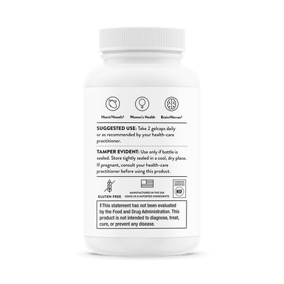 Back of Thorne Prenatal DHA 60 gelcaps bottle showing suggested use, tamper warning, gluten-free and NSF certified icons.