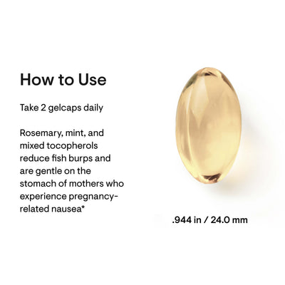 Thorne Prenatal DHA single softgel shown with usage directions and size (.944 in / 24.0 mm) on white background