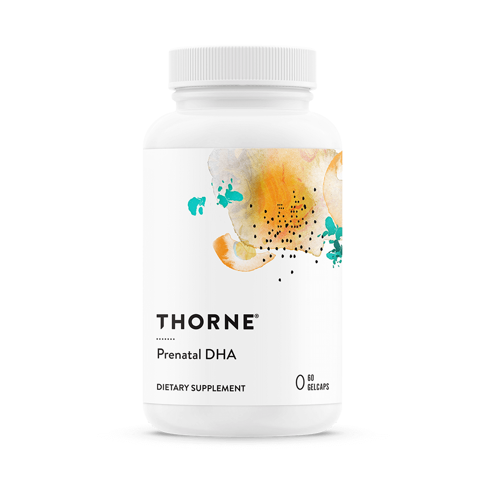 Thorne Prenatal DHA 60 gelcaps bottle front with white label and abstract orange and teal watercolor design