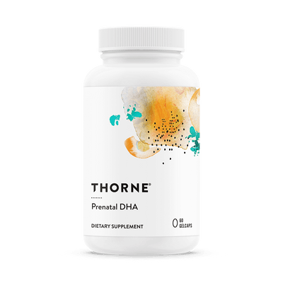 Thorne Prenatal DHA 60 gelcaps bottle front with white label and abstract orange and teal watercolor design
