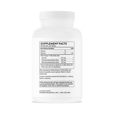 Thorne Super EPA 90 Gelcaps bottle back showing supplement facts, omega-3 EPA and DHA amounts, and ingredient list.