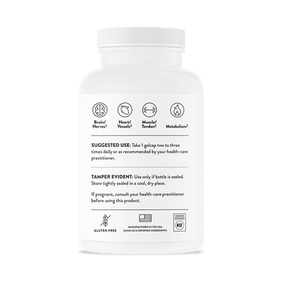 Thorne Super EPA 90 gelcaps bottle back showing usage directions, health icons, and gluten-free and NSF certification symbols