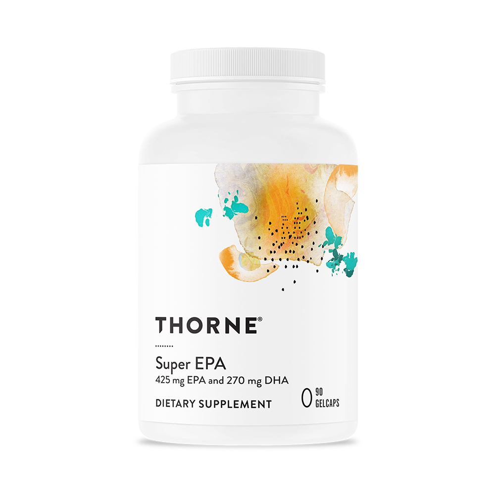 Thorne Super EPA 90 gelcaps bottle front with white label and abstract orange and teal watercolor design