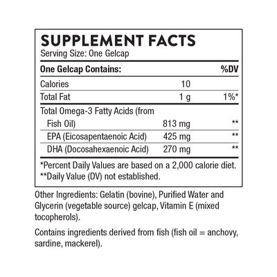 Thorne Super EPA 90 Gelcaps supplement facts label showing omega-3, EPA, DHA amounts and other ingredients list
