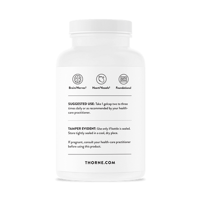Back of Thorne Omega-3 with CoQ10 90 gelcaps bottle showing suggested use, safety text, icons, and website URL on white label
