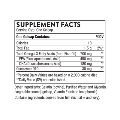 Thorne Omega-3 with CoQ10 90 Gelcaps supplement facts label listing EPA, DHA, CoQ10 and other ingredients
