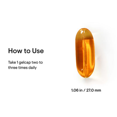 Thorne Omega-3 with CoQ10 single amber gelcap with dosage directions and size 1.06 in / 27.0 mm on white background