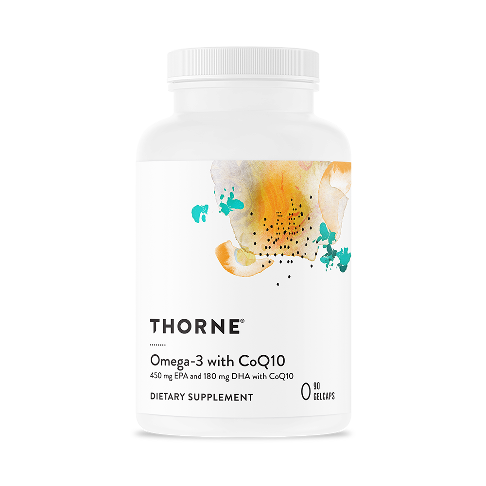 Thorne Omega-3 with CoQ10 90 gelcaps bottle front with white label and colorful abstract design