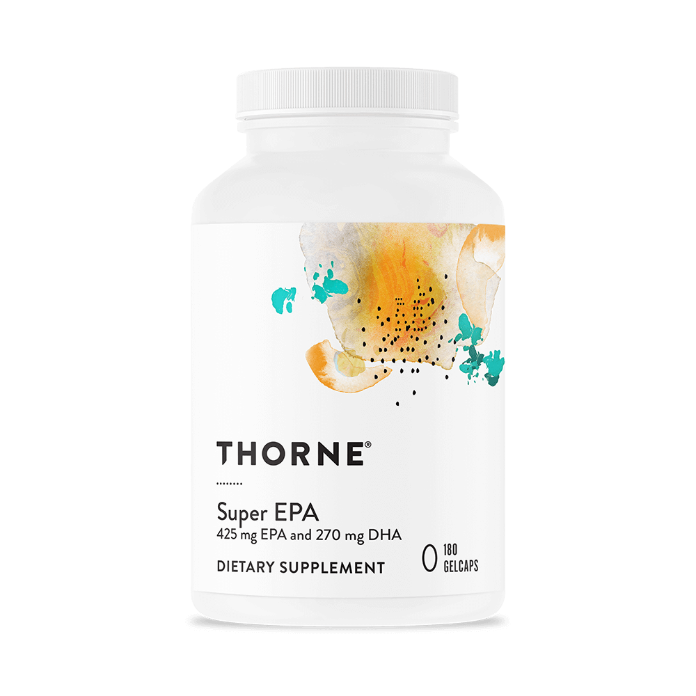 Thorne Super EPA 180 gelcaps bottle front with white label and abstract orange and teal artwork