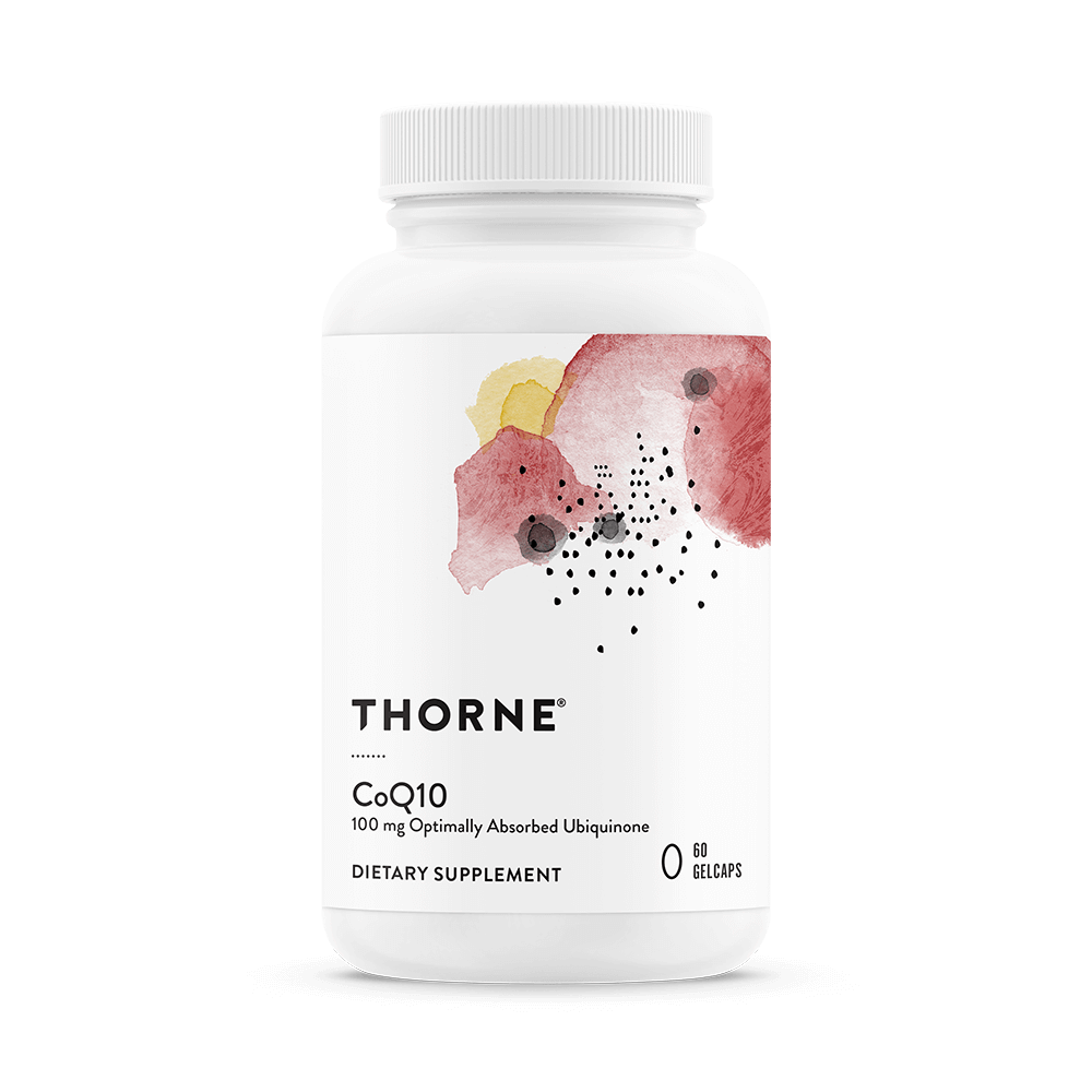 Thorne CoQ10 60 capsules bottle front with white label and abstract red and yellow watercolor design