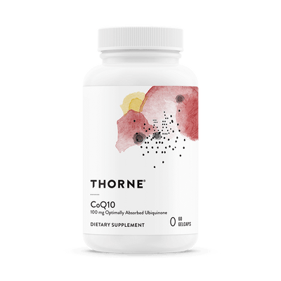 Thorne CoQ10 60 capsules bottle front with white label and abstract red and yellow watercolor design