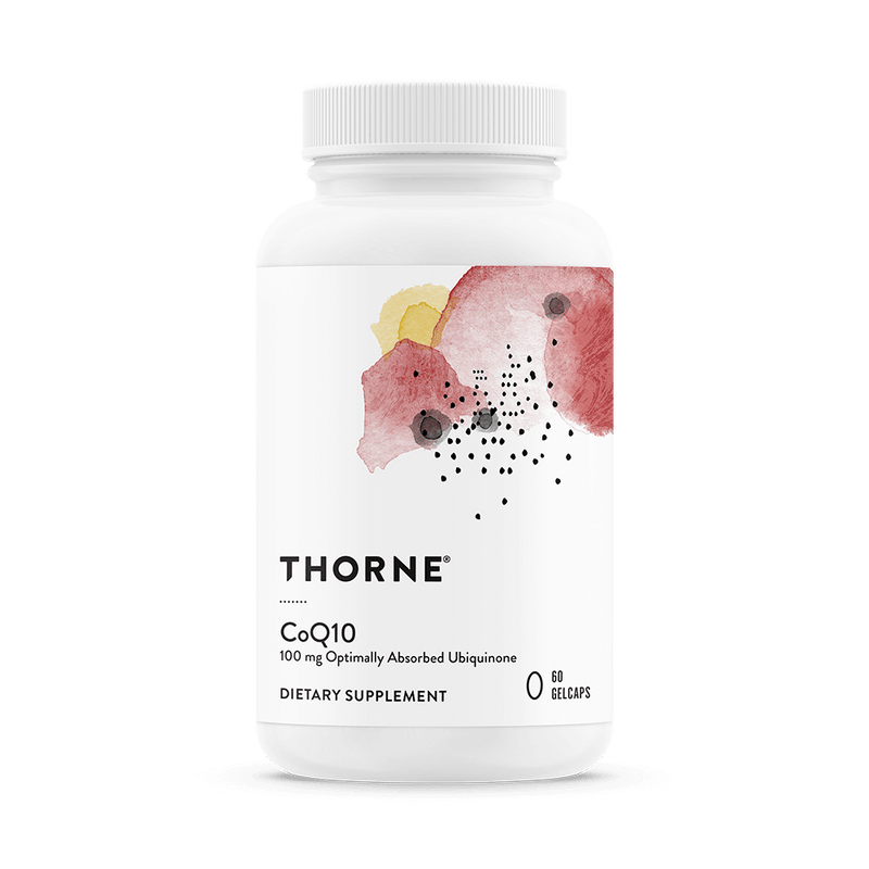 Thorne CoQ10 60 capsules bottle front with white label and abstract red and yellow watercolor design