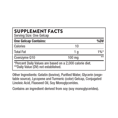 Thorne CoQ10 60 Capsules supplement facts label showing 100 mg Coenzyme Q10 per gelcap and other ingredients list