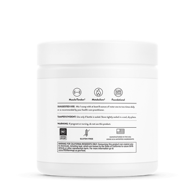Back label of Thorne Amino Complex Berry 30 Scoops showing usage directions, icons, certifications, and warning text on white jar