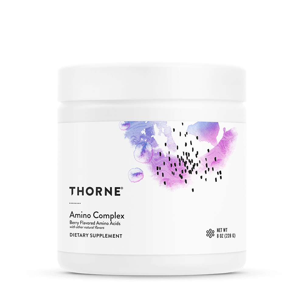 Thorne Amino Complex Berry 30 scoops powder in a white tub with purple watercolor design on the front label