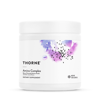 Thorne Amino Complex Berry 30 scoops powder in a white tub with purple watercolor design on the front label