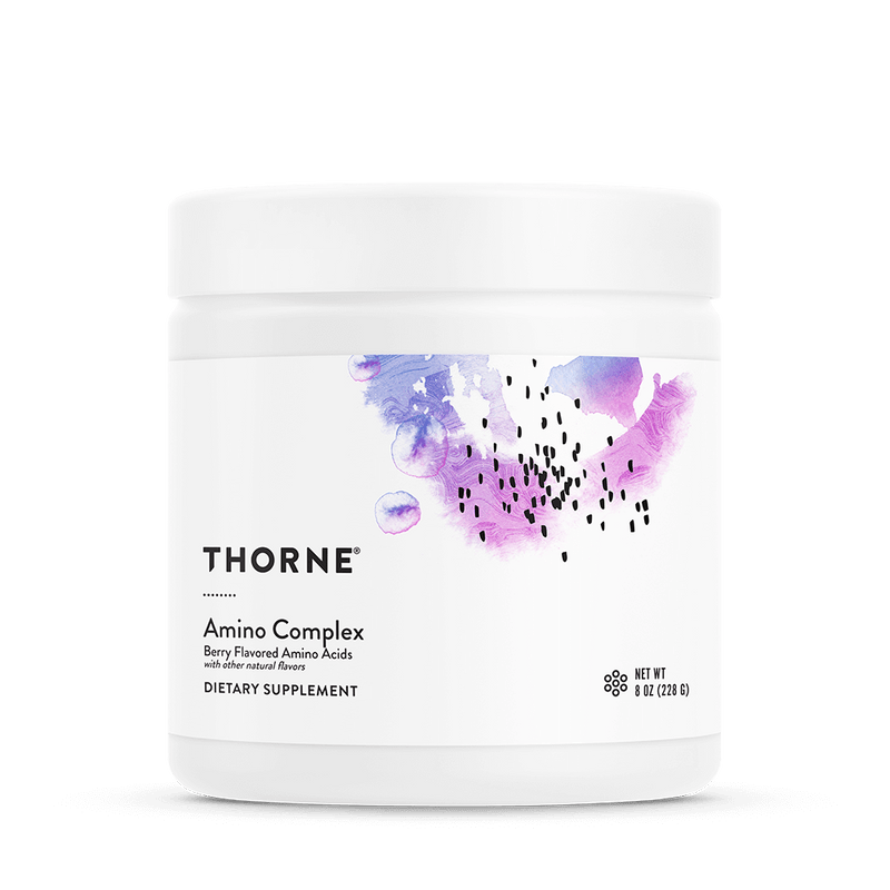 Thorne Amino Complex Berry 30 scoops powder in a white tub with purple watercolor design on the front label
