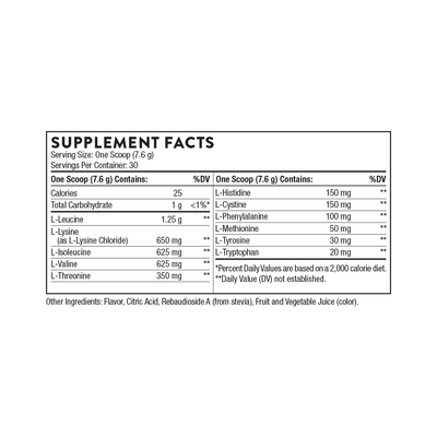 Thorne Amino Complex Berry 30 scoops supplement facts panel listing amino acid amounts and other ingredients