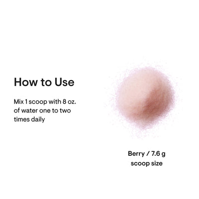 Thorne Amino Complex Berry 30-scoop powder showing pink 7.6 g scoop size and mixing directions with water